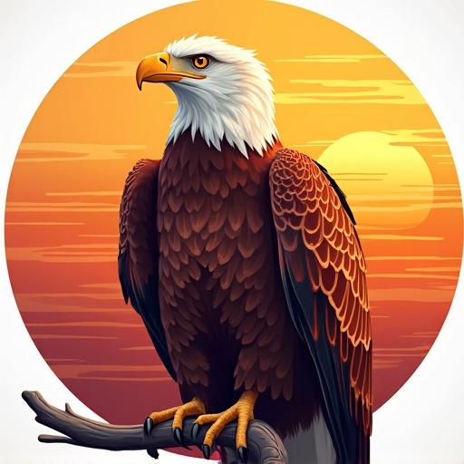 A majestic eagle is perched on a branch. The body features flowing horizontal lines in sunset hues. Deep burgundy bright orange and golden yellow stripes are visible. A circular golden hour sky with subtle cloud formations forms the background.