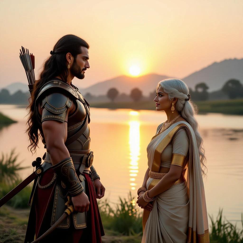 Near a calm riverbank a strong warrior stands taking with a woman in a saree at golden hour a low sun casts warm light the warrior in traditional armor carrying a bow has long hair tied back the woman with white hair has emotion and resolve the water reflects the glowing sunset and hills create a mood of deep conversation and intensity