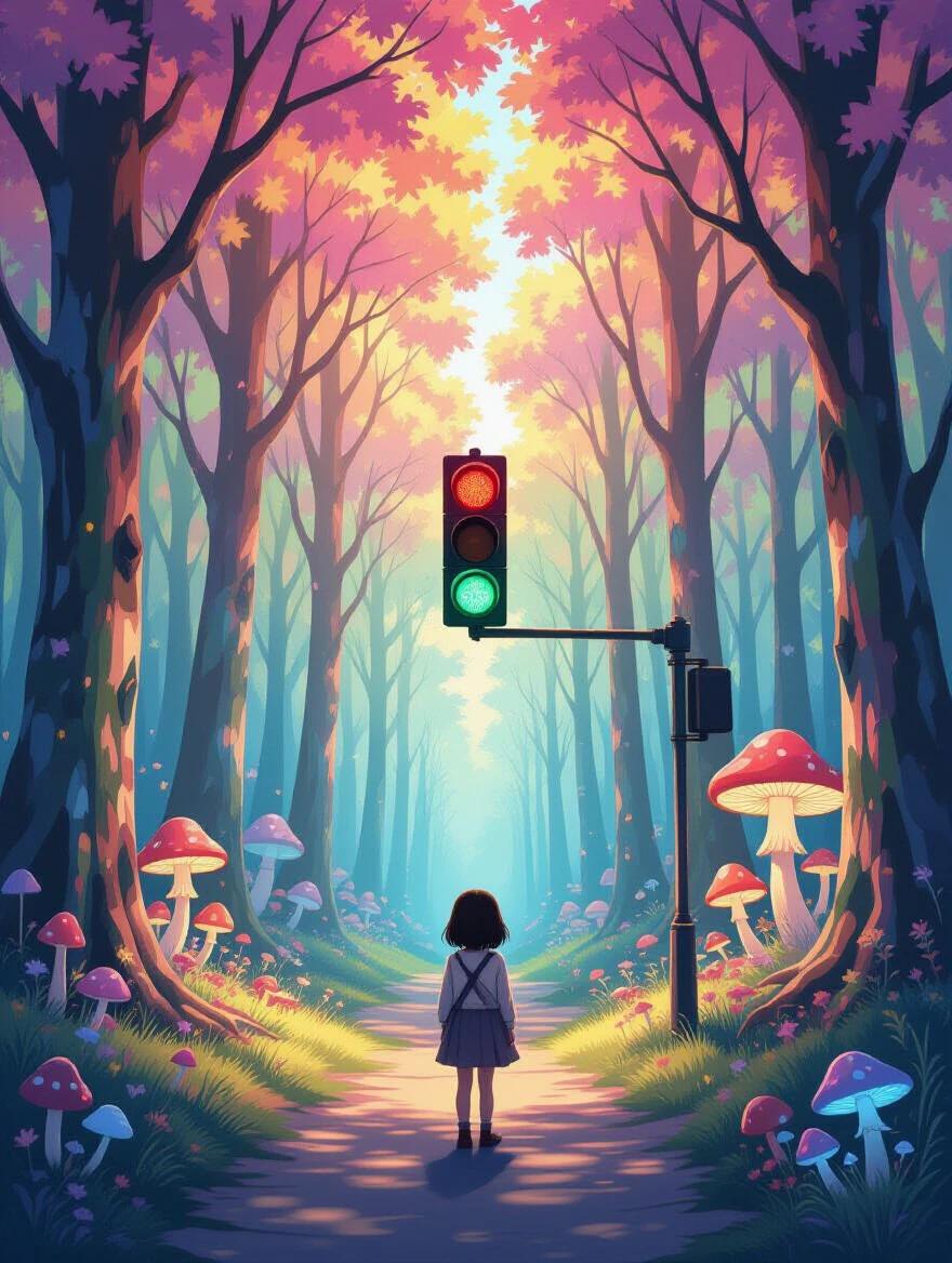 A dreamlike forest features colorful trees and glowing mushrooms. Centered is a traffic light showing red. A small girl stares blankly at the light. This scene appears surreal and metaphoric.