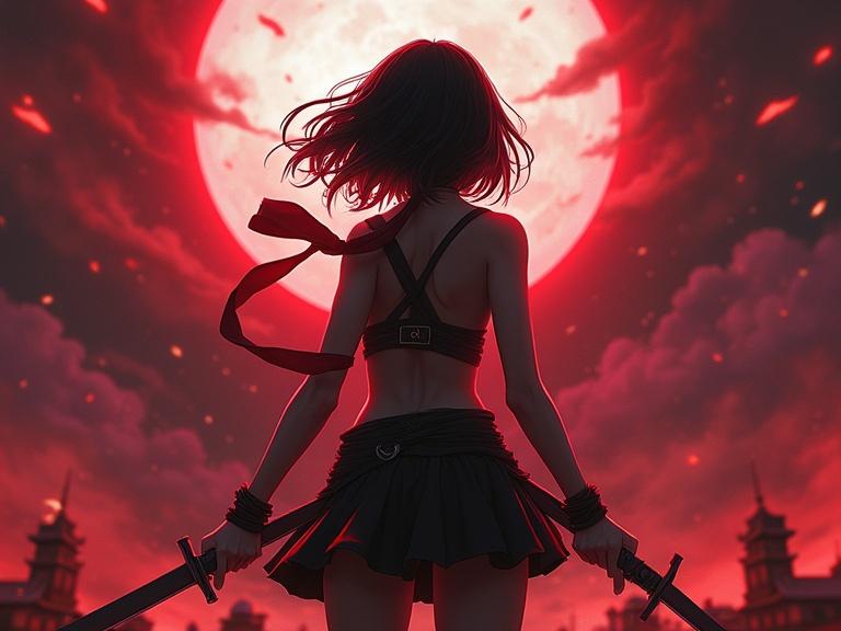 Masterpiece of a Japanese ninja with black hair in a mini skirt wielding swords. A full body dynamic action pose against a dramatic red moon background with cinematic lighting.