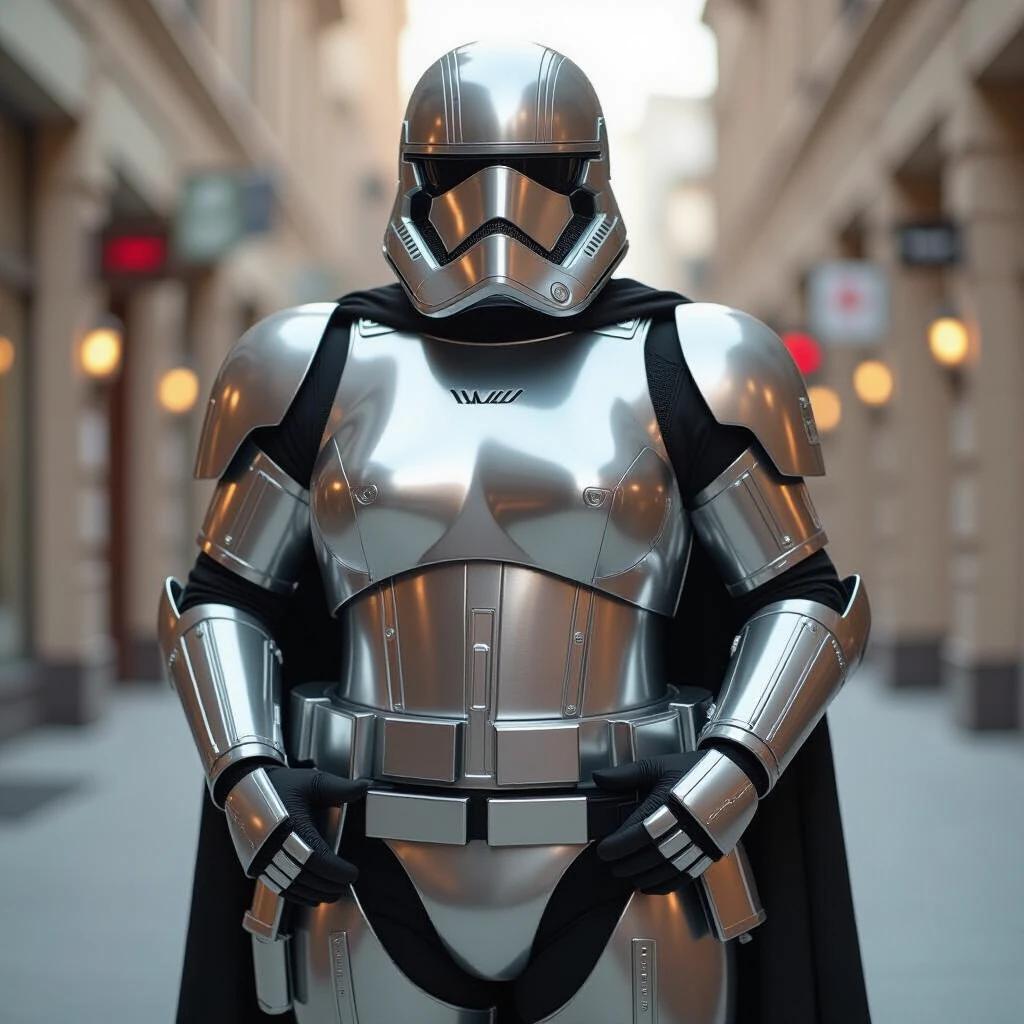 A character in shiny silver armor stands in a modern, attractive alleyway. The armor includes a black cape. The character has a strong presence.