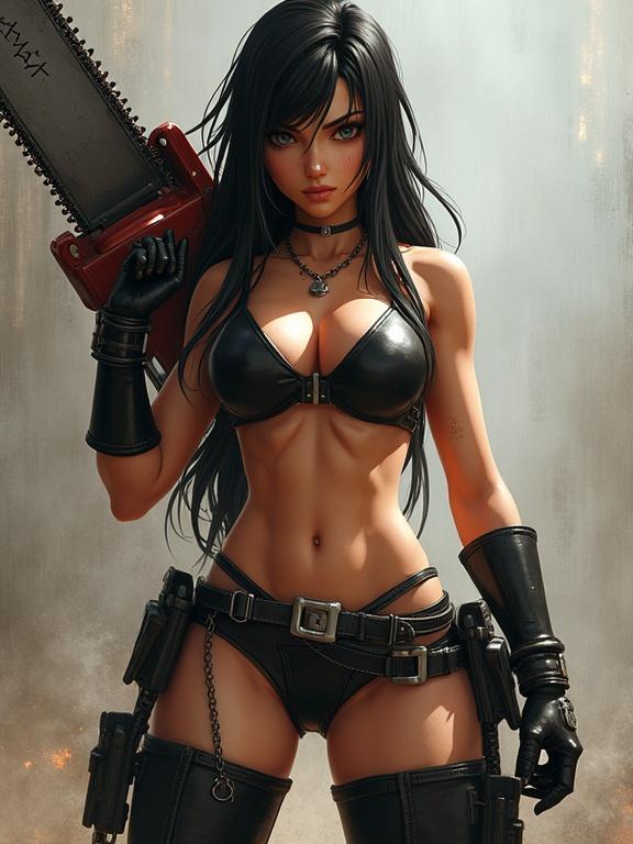 Dynamic female character inspired by video game aesthetics, holding a chainsaw. She has a toned physique with a defined waist, wide hips, and long legs. The strong body ratio is emphasized in a confident pose. The image features dark clothing and a metallic finish.