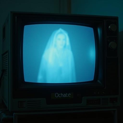 A VHS tape labeled ‘Ochate 1983’. Static on screen. A faint ghostly figure appears. Room illuminated by TV’s blue glow. Retro horror aesthetic.