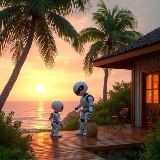 A cozy isolated house on a cliff surrounded by lush tropical coconut trees. Golden hour sunset casts warm light. A small bipedal humanoid robot is sweeping the wooden porch. The robot has a white body, grey joints, and expressive LED eyes. A larger robot supports a baby learning to walk in the background. A calm ocean is below the cliff. The sky transitions from orange to pink and purple. Soft breeze moves tree leaves. Peaceful atmosphere, cinematic smooth motion, ultra-detailed, 4K. Taken from a distance.