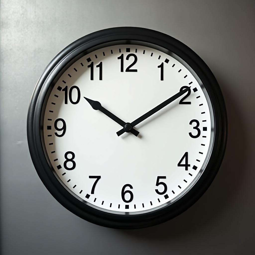 The image shows a classic round wall clock mounted on a wall. The clock has a black frame and a white face, making it visually striking. The time displayed is 10:56, with clear and bold markings. Behind the clock is a blurred metallic background that adds depth to the image. This front-facing perspective emphasizes simplicity and functionality, ideal for various design and practical applications.