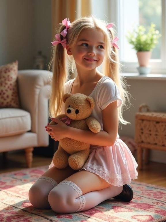 A girl with long blonde hair and pink bows kneels on a colorful rug in a softly lit living room. She wears a white crop top, pale pink skirt, and thigh-high socks. She holds a teddy bear with an innocent expression.