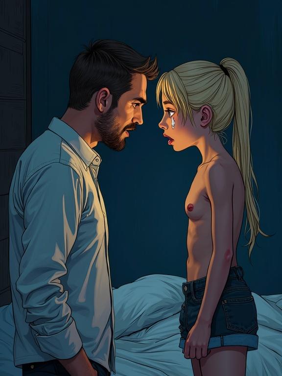 Stylized colored pen drawing. Side view of a scared and tearful high school girl. Dark bedroom setting. Emotional confrontation with a middle-aged man. Dim lighting enhances tension.