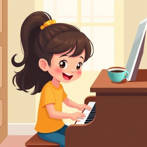 A cute girl with a half-up, half-down hairstyle plays a piano. She has a smile on her face. A cup of coffee is on the piano. The image is drawn in a cartoon style.