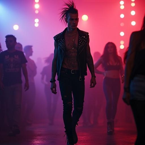 Full body portrait of a modelesque punk male in a busy gay punk nightclub. Black mullet hairstyle. Black eyes and tattooed skin glistening with sweat. Wearing a sleeveless studded leather jacket and ripped crop top. Tight black jeans and oversized black combat boots. Surrounded by swirling black fog.