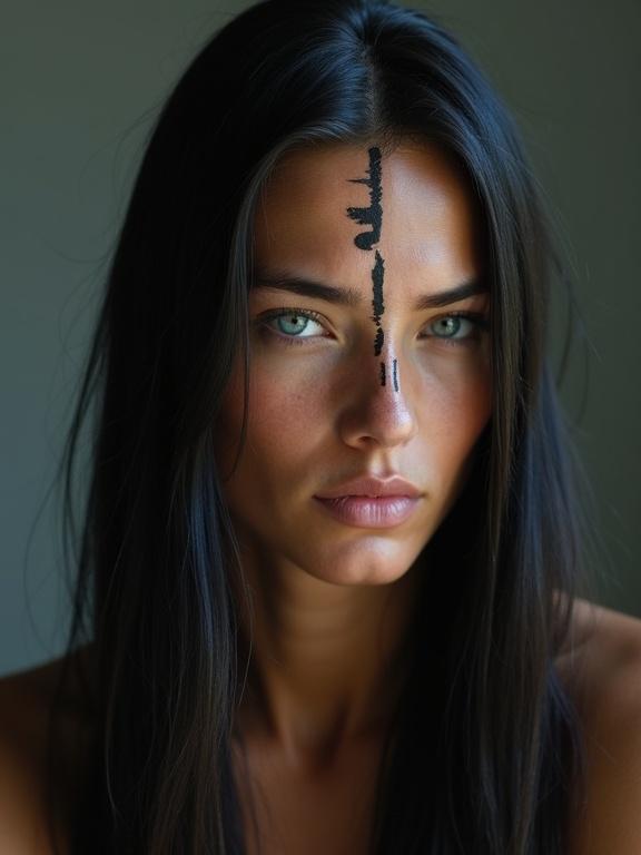 Portrait of a model. Long dark hair frames the face. Striking aqua eyes draw attention. Forehead features an artistic mark. Soft lighting enhances natural beauty.