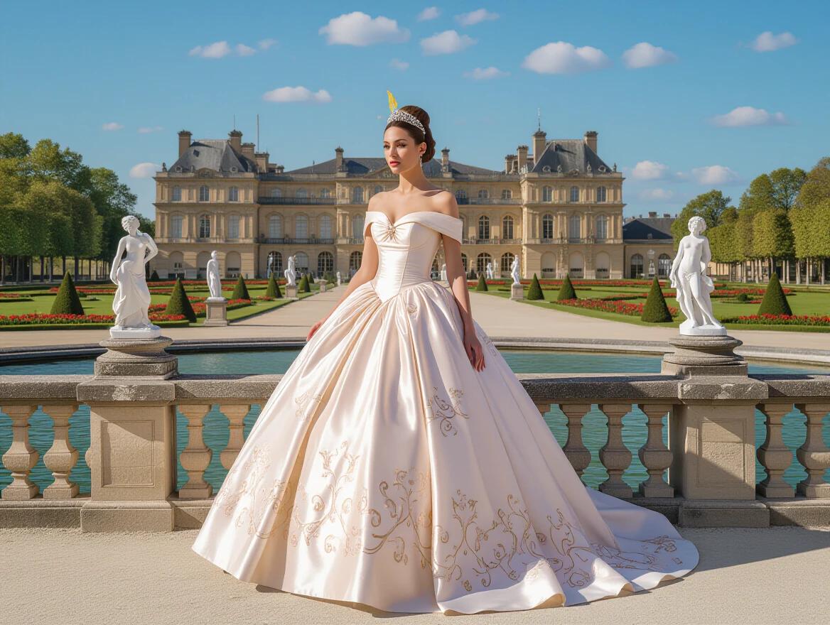 Elegant woman stands in an exquisite long gown. Surrounding includes lush gardens and majestic architecture. Bright sky and ornate sculptures frame the scene. Focus on the details of the dress and the beauty of the setting.