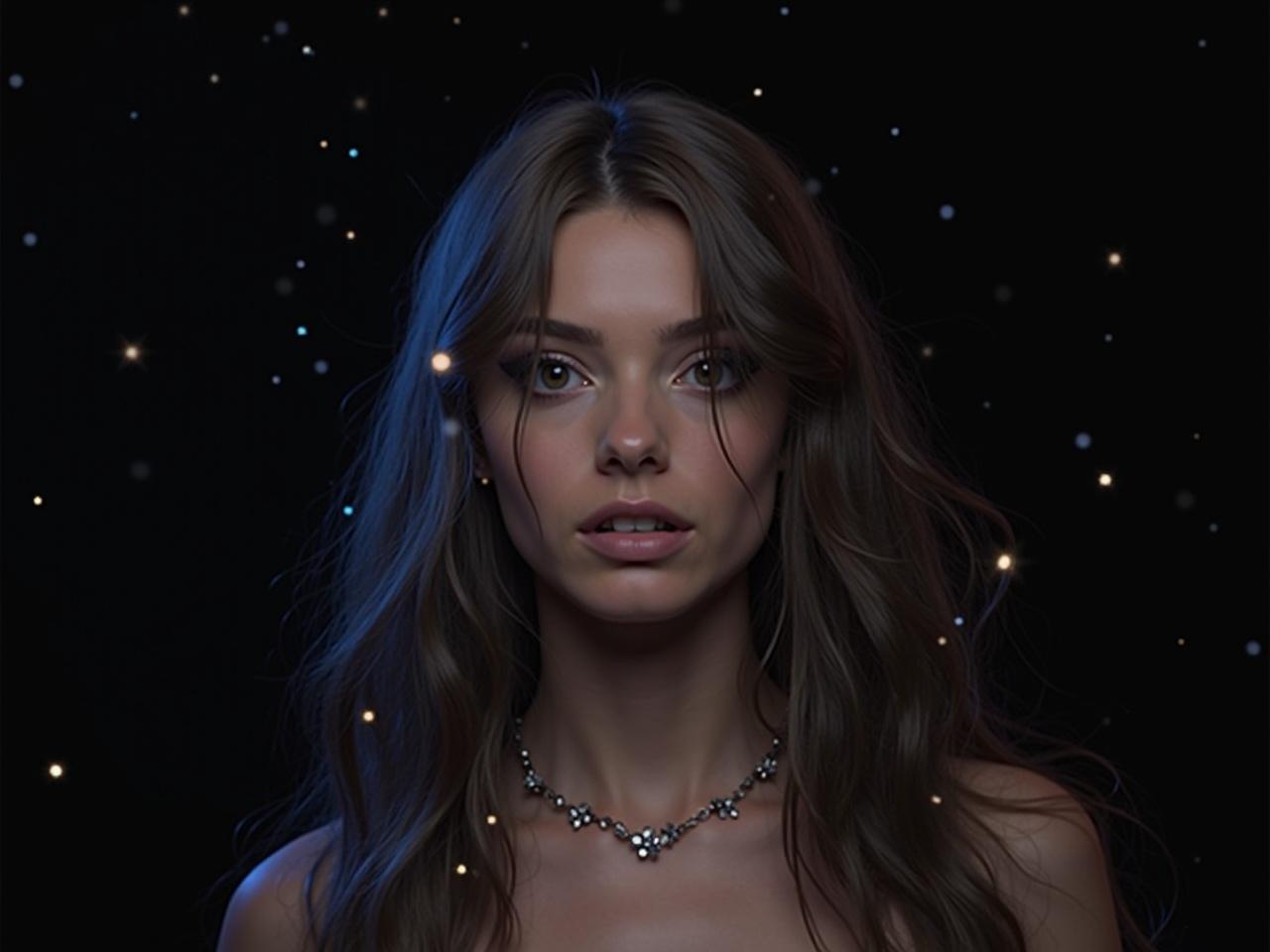 The image features a person with long, flowing hair, surrounded by a magical atmosphere. There are sparkles and glimmers of light in the background, enhancing the ethereal quality of the scene. The individual is adorned with delicate jewelry, which draws attention to their neckline. The overall setting feels mystical and enchanting, almost as if they are in a dreamlike state. The dark background contrasts with the bright specks of light, creating a captivating and intriguing image.