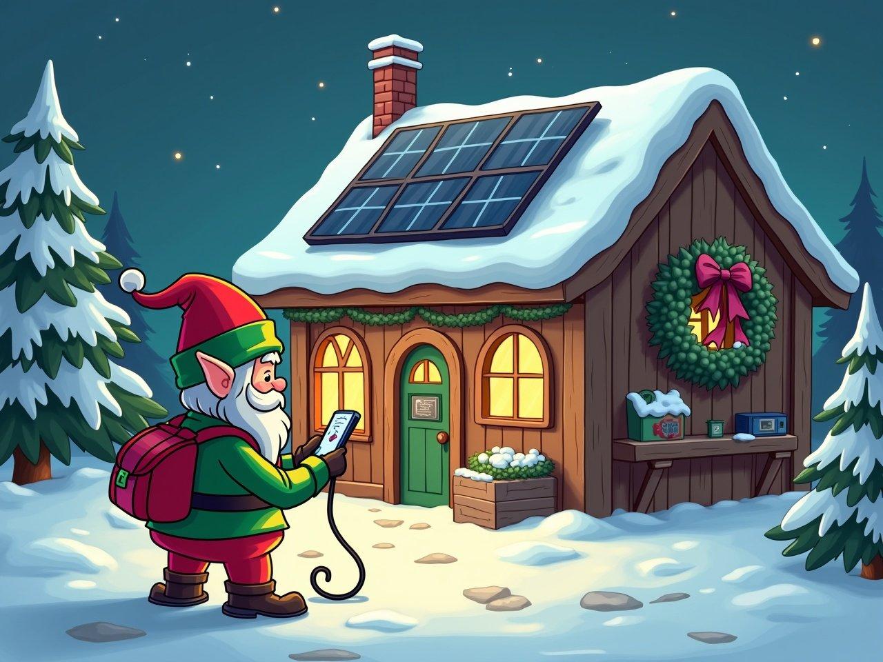 Elf is charging a smartphone at Santa's workshop. Workshop features solar panels on the roof. Scene is set in a snowy winter environment. Image is in cartoon style.