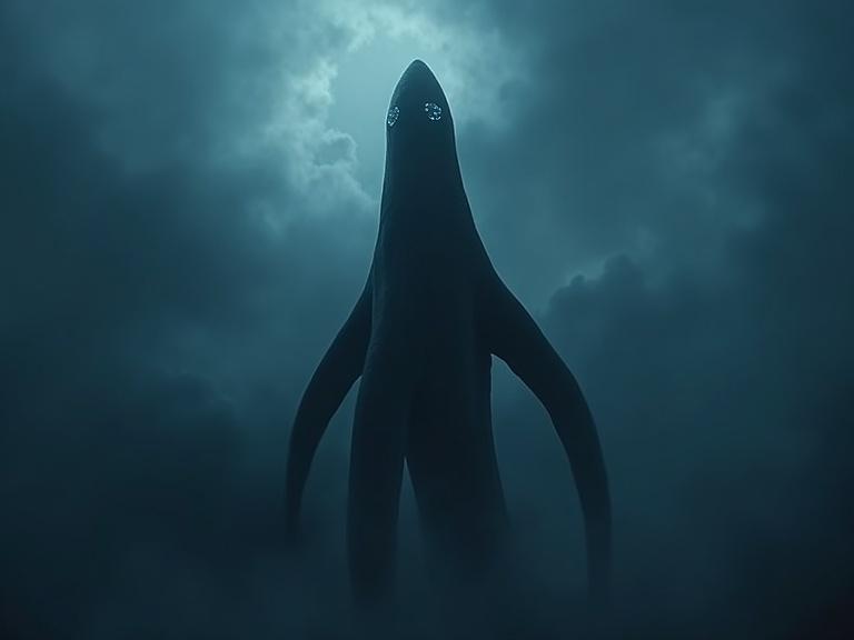 Cinematic view looking up at a huge dark tentacle creature. The creature has sleek, smooth surfaces and glowing eyes. It emerges from clouds high in the sky. The atmosphere is foggy with soft reflections and dramatic shadows, presented in dark blue tones.