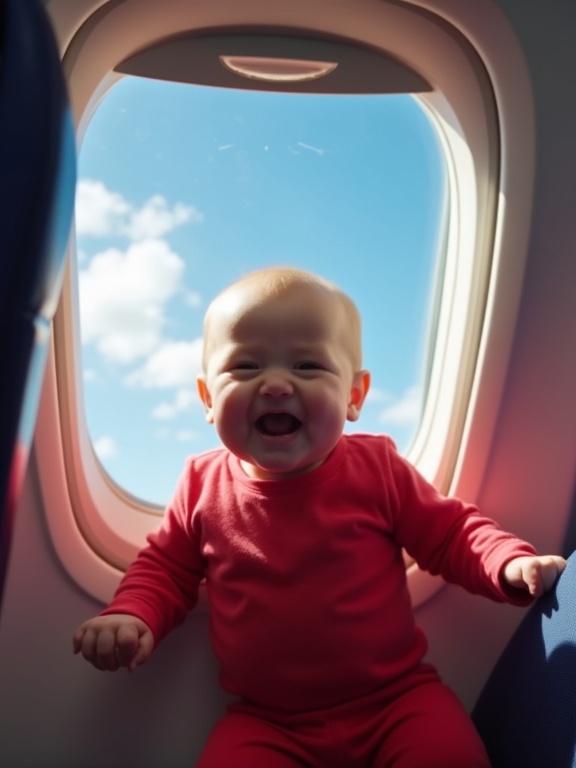 Interior of an airplane features a baby wearing a red onesie. Baby sits near a window with a wide-eyed grin. Baby pulls open an emergency window hatch. Bright blue sky and clouds are visible outside. Action shot captures the moment.