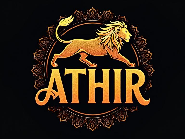 A logo design combines a lion silhouette with the word 'ATHIR'. The text uses fluid lines to form the lion's shape while remaining legible. Background features intricate ornamental textures influenced by Indian art. Typography has a glowing look. Style blends modern aesthetics with cultural significance.
