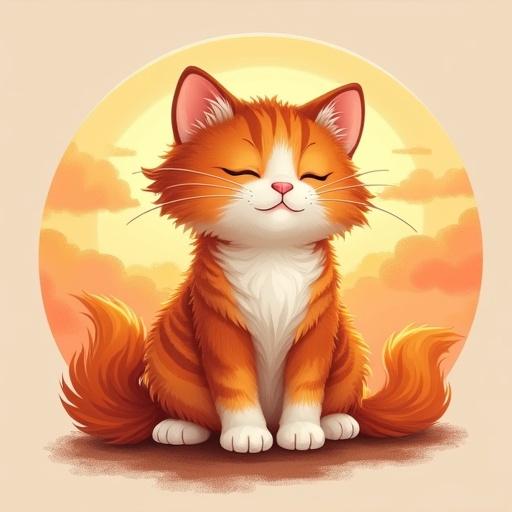 Design a plush Ragdoll cat. Cat has a relaxed posture. Cat features sunset stripes in copper, orange, and gold. Cat is set against a circular backdrop of golden hour. Background includes wispy clouds in cream and coral gradients.