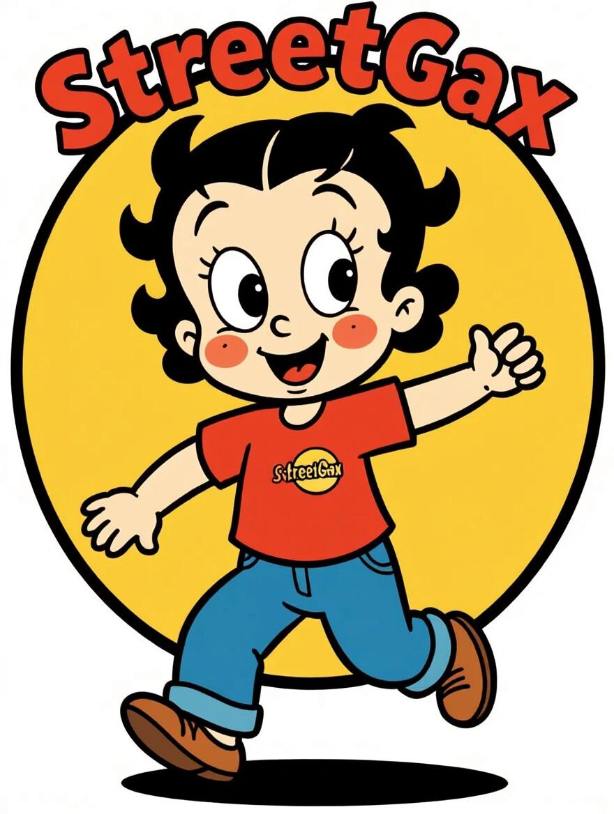 Vintage cartoon character in rubber hose animation style. Character has thick outlines and simple shapes. Exaggerated limbs and pie-cut eyes. Bright, flat colors. Wears streetwear with StreetGax logo. Energetic and lively. Clean background. Strictly 2D style.