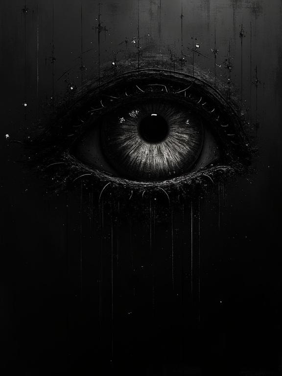 An extremely rough digital illustration shows a giant eye silhouette. The background is completely black. The presence of the eye radiates a pixelated cyberpunk style glitch that corrupts the image.