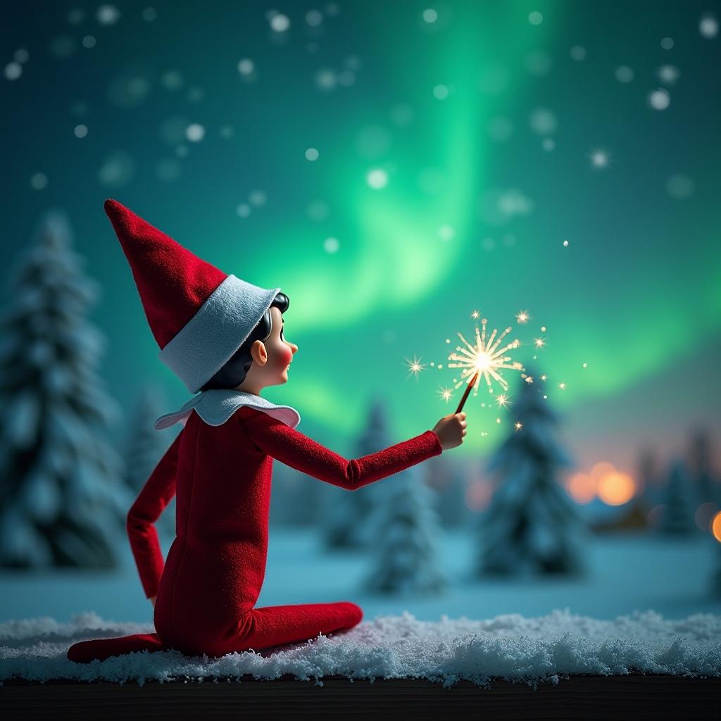 The image depicts an Elf on the Shelf sitting with its back to the viewer, gazing up at a sparkling night sky. The elf, dressed in a traditional red outfit and hat, is using a wand to write the word 'Dexter' among glittering stars. The backdrop features a mesmerizing display of northern lights, with shades of green and blue blending into the night sky. Surrounding the elf are softly lit, snow-covered trees, creating a winter wonderland atmosphere. In the distance, hints of Christmas lights from houses can be seen, adding to the festive magic.