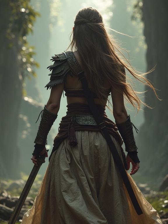 A female warrior with long hair stands in a forest. She wears armor on her shoulders and a long skirt. A sword is held by her side. Light filters through trees creating a mystical atmosphere.