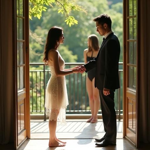 A romantic scene on a sunny balcony. A woman in ivory lace dress and a man in a tailored suit hold hands. A woman in a black bodysuit stands partially behind them. Sunlight creates a warm atmosphere. Emotional tension is present between the characters.