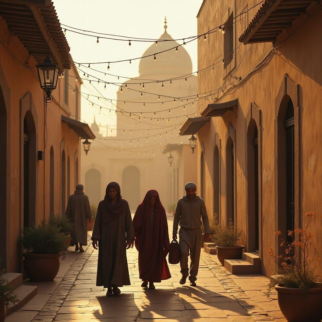 Image captures a warm Middle Eastern street scene at sunset. Silhouettes of individuals in traditional attire walk along the stone path. Domed structure visible in the background. Soft lighting adds to the historic atmosphere.