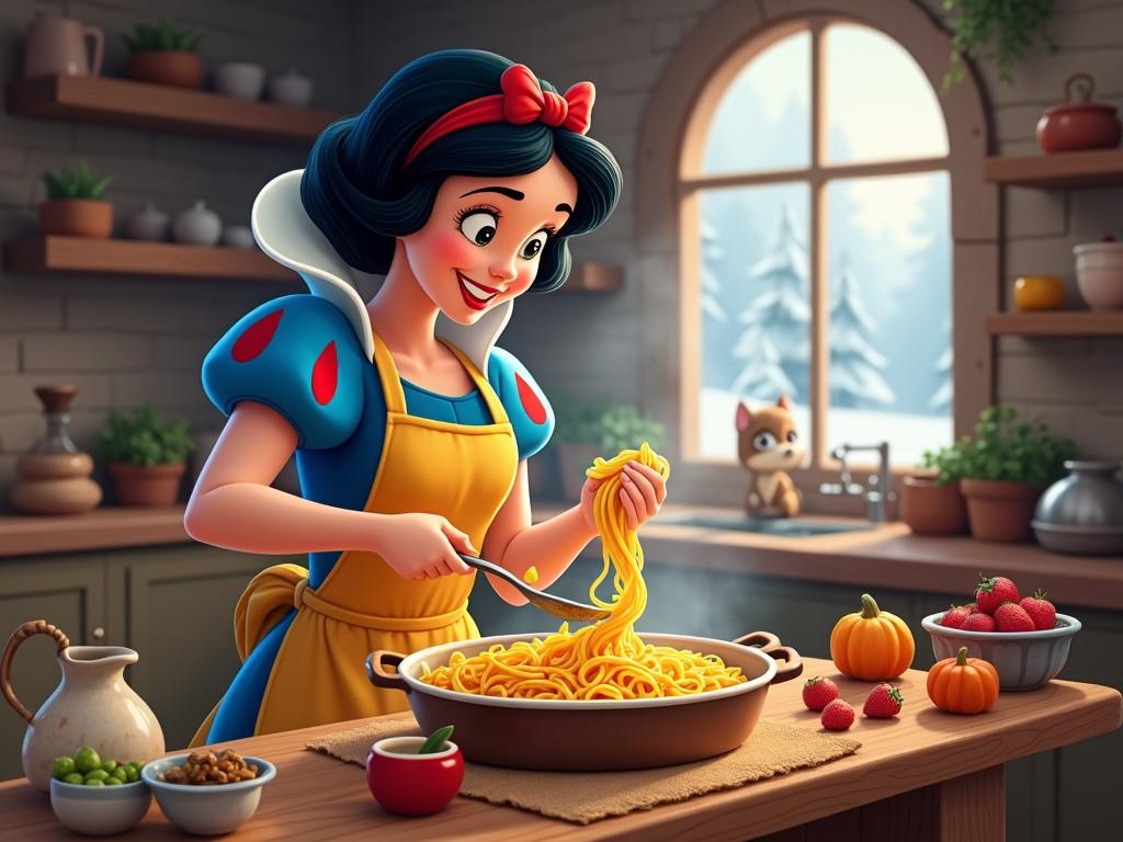 In a cozy, warmly lit kitchen, a cheerful character in a vivid blue and red outfit joyfully prepares a plate of spaghetti. The rustic kitchen features shared counter space with small pumpkins and fresh strawberries, hinting at the delights of a bountiful harvest. Outside the window, a serene winter landscape offers a contrasting yet calming backdrop to the lively scene inside.