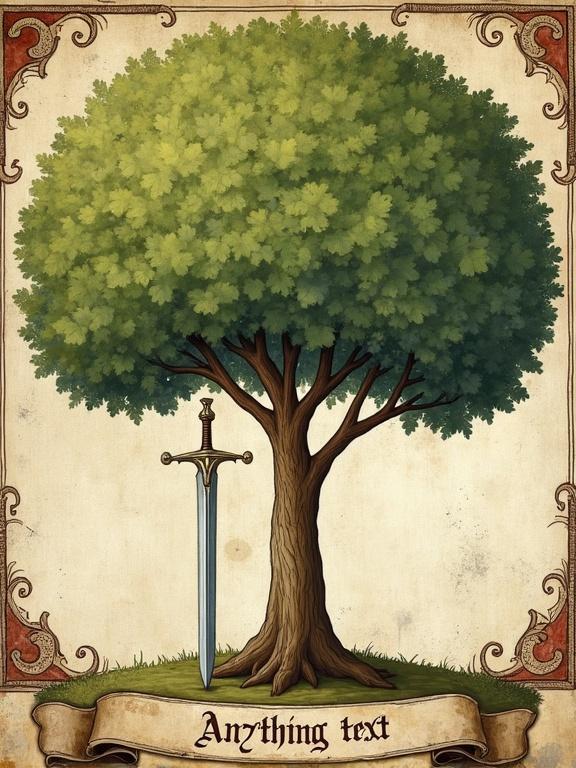Illustration of a symbolic heart-shaped linden tree. Thick trunk like a pillar with a rounded canopy. Stylized leaves sparsely placed. Vertical knight's sword in front of the tree. Surrounded by medieval ornamental flourishes and scrollwork. Traditional heraldic banner at the bottom with placeholder text. Aged wall painting appearance with muted colors and textured surface.