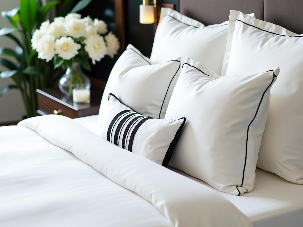 A hotel bed showcasing pure white linen bed sheets, elegantly arranged to create a luxurious appearance. The bed is adorned with several fluffy white pillows, some of which feature a stylish black trim. There are decorative elements like a small black and white pillow placed in the center for added flair. Beside the bed, a sleek nightstand holds a stylish lamp and a vase with white flowers, adding a touch of nature to the space. The background features a lush green plant, complementing the serene ambiance of the room. Great attention to detail conveys a sense of comfort and sophistication throughout the setting.