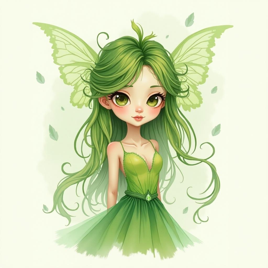 Digital artwork of a leafy princess with flowing green hair and butterfly wings. Features captivating eyes and a beautiful green dress. The style is whimsical and painterly, with jelly-like strokes. The background is soft and delicate with a light watercolor style.
