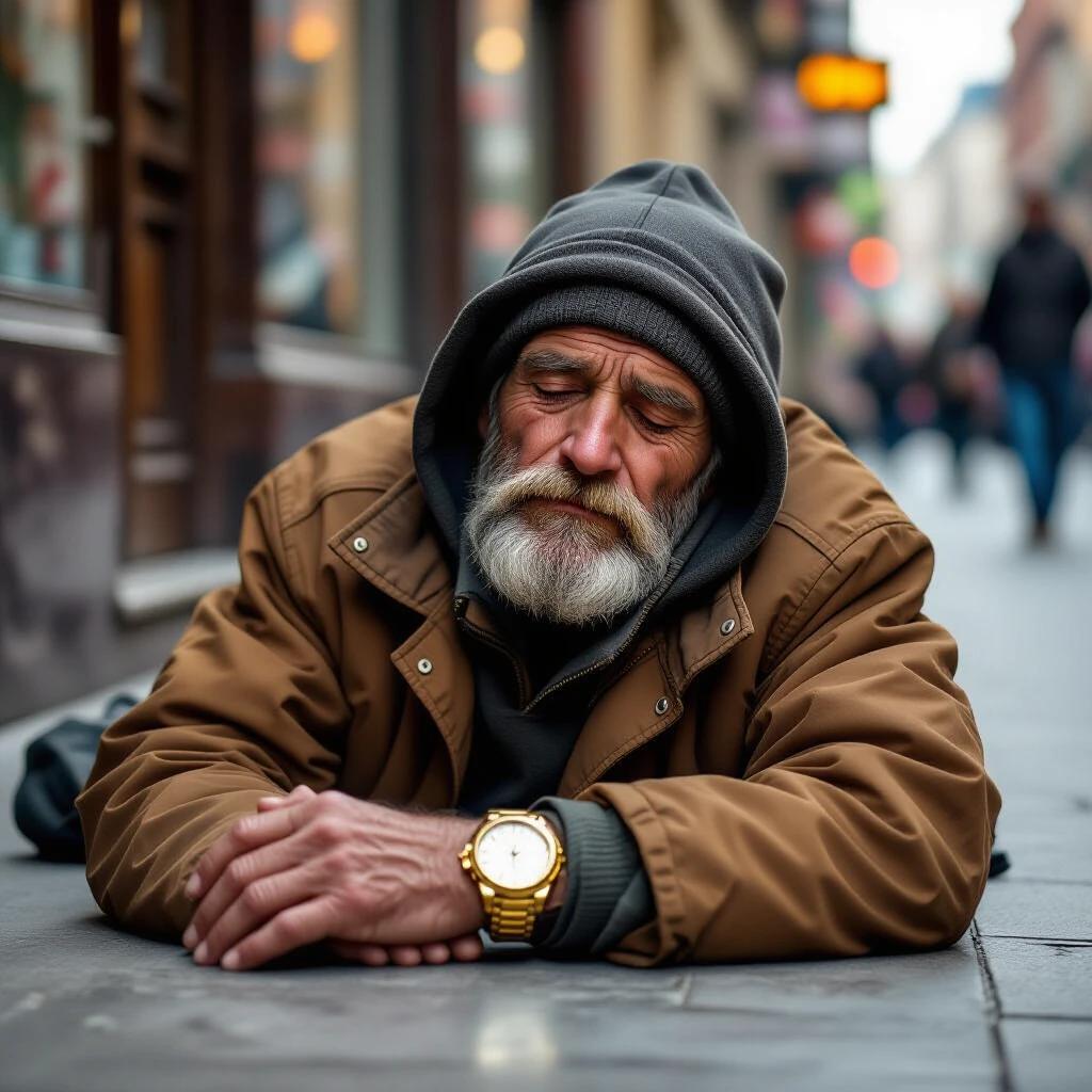 A beggar man lies on the floor asleep. He wears a gold Rolex watch. He is dressed in a brown jacket and a grey hood. The background shows city streets with pedestrians. The focus is on the man.