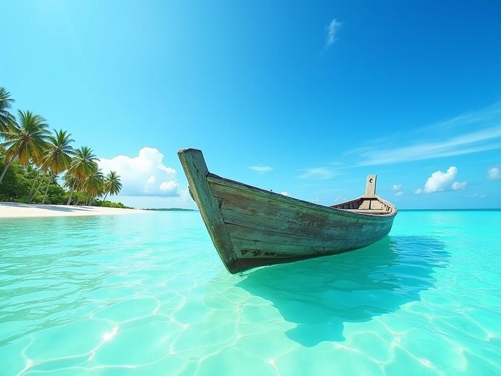 The image shows a rustic wooden boat partially submerged in crystal clear tropical waters. The boat's weathered wood and simple design suggest it has been used for many years. Bright blue skies span the background, dotted with a few fluffy white clouds. The water is a vibrant turquoise, revealing the sandy bottom underneath. On the distant shore, lush green palm trees stretch towards the sky, indicating a tropical island environment. The serene scene evokes feelings of peace and tranquility, perfect for a relaxing getaway.