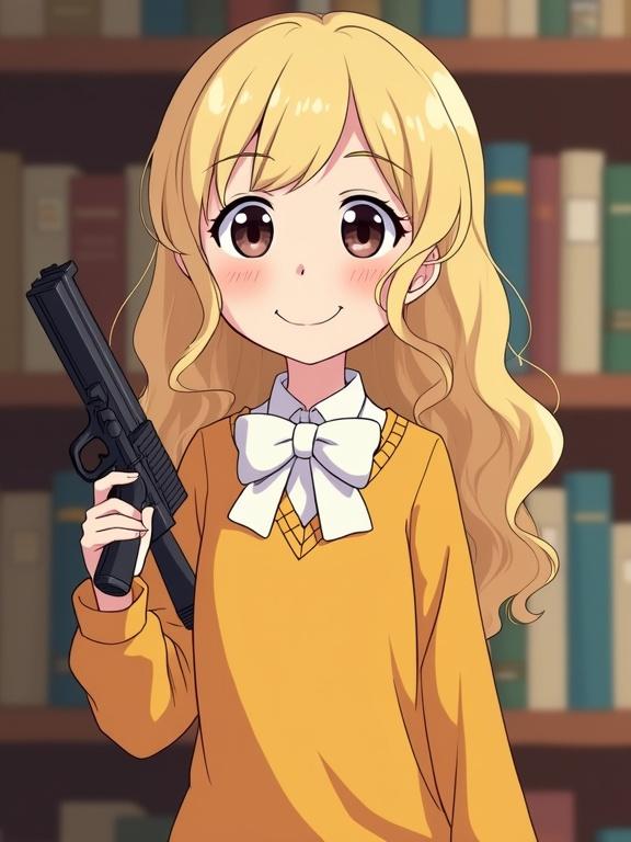 Anime girl with long wavy blonde hair standing in a library. She holds a gun and wears a mustard yellow sweater with a white bow tie. The girl has wide black googly eyes and a friendly smile. The art style is simple cartoon with clean lines and flat shading.