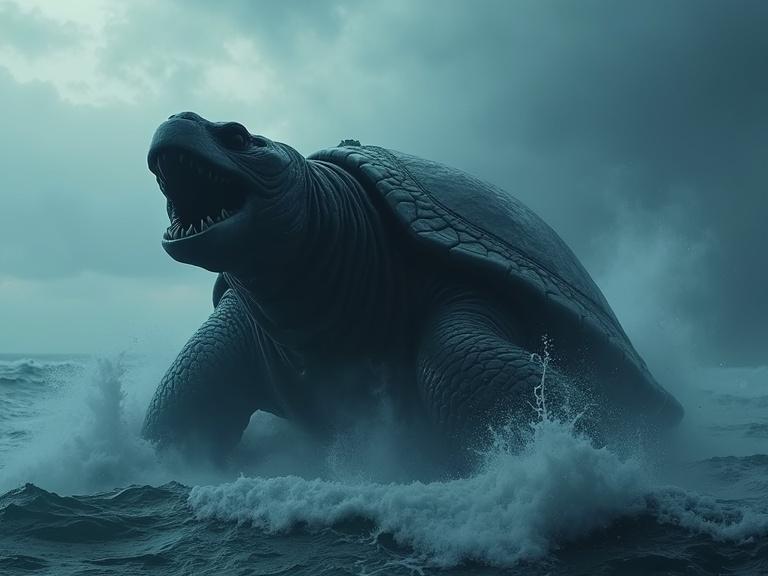 Cinematic image showing a giant dark turtle rising from the stormy ocean. The creature has a thick textured shell, short neck, and tusks. Dark grey and blue colors dominate. Waves crash around it, and mist rises as it breaches the surface. The perspective captures the size and presence of the turtle, with a dramatic cloudy sky above.