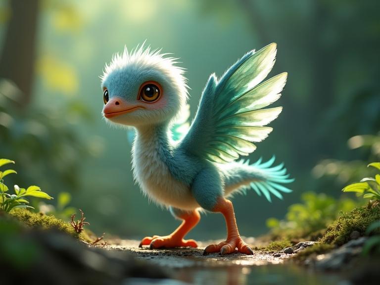 Pixar-quality 3D animated baby Microraptor with scientifically accurate quadruple wings set in a magical prehistoric jungle. Features include a fluffy body, vibrant feathers, and large amber eyes. The environment consists of giant ferns, bioluminescent flowers, and golden-hour lighting creating an enchanting scene.
