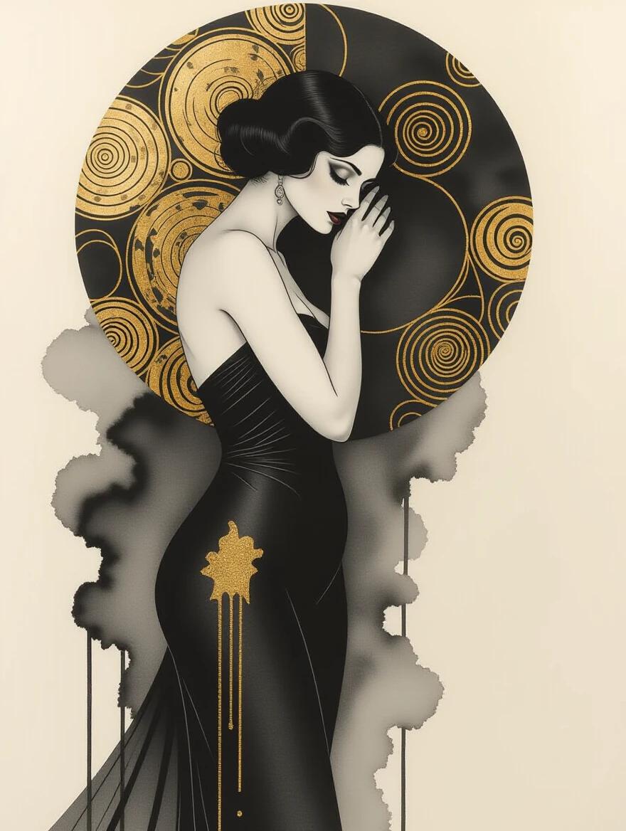 Ethereal female figure in an elegant black gown. Background features swirling gold patterns. Artwork inspired by Klimt's style. Minimalist black and white theme. Hints of gold visible in the textured gown. Conceptual and stylish representation. Mixed media technique.