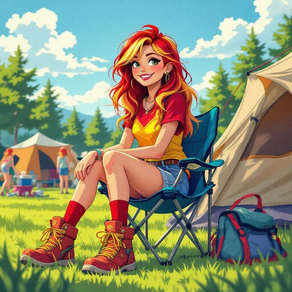 Character with red and yellow hair sitting in a camping chair at summer festival. She's wearing red and yellow shirt, denim shorts, red socks and shiny hiking boots. Background shows a tent and trees.