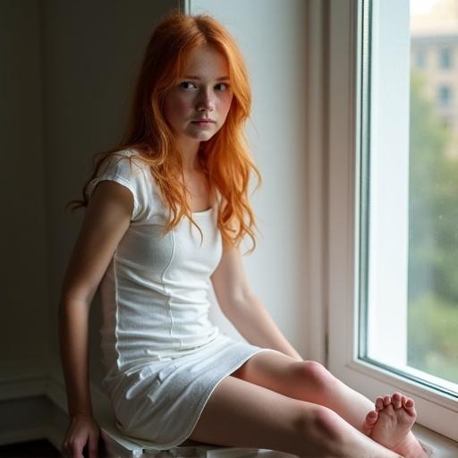 Girl with ginger hair and freckles sitting cross-legged on window sill wearing fitted white dress