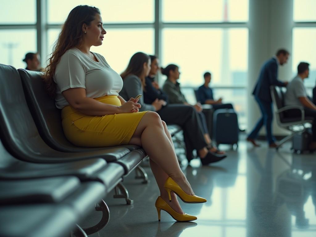 The image captures a serene moment in an airport terminal as a woman in a white blouse and yellow skirt sits pensively. She is the focal point against a backdrop of fellow travelers, each absorbed in their own world. The airport setting is softly lit, with natural light filtering through large windows, creating a calm and contemplative atmosphere.