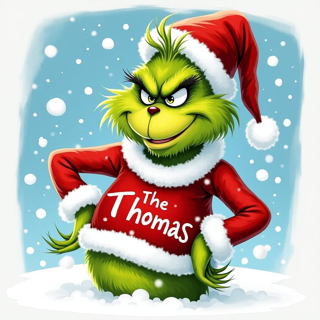 Grinch character wearing Santa outfit. He writes 'The Thomas' in snow. Background has falling snowflakes. Illustration emphasizes bright colors, green Grinch against red and white attire.