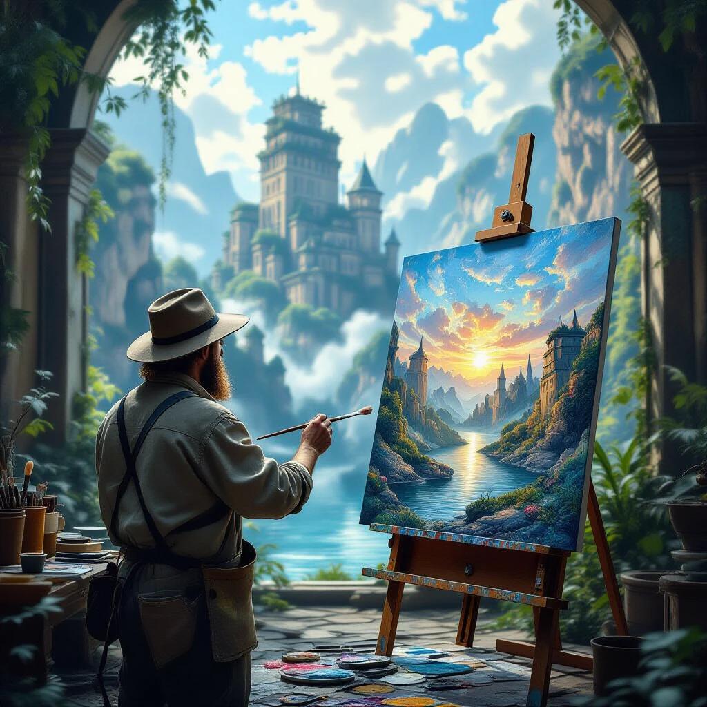 Painter captures beauty of lost world on canvas. Artistic detail in focus. Bright colors and vivid imagination in the scene. Painter immersed in creative process. Majestic landscapes in the background.