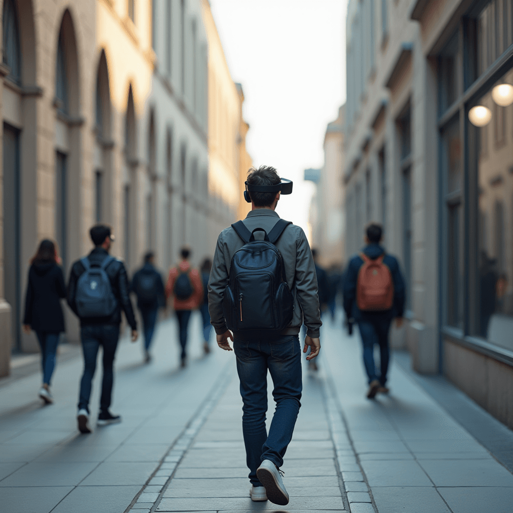 The image captures a busy urban street scene with several people walking along a wide pedestrian pathway lined by buildings. In the center is a young man with a backpack and wearing virtual reality or augmented reality goggles, suggesting an intersection of technology and daily life. The buildings are tall and feature a classic architectural style. The scene evokes a blend of traditional urban life with modern technology, highlighting the contrast and integration of past and future.