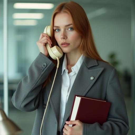 Medium close-up fashion portrait. Pale-skinned young woman. Long straight strawberry-blonde hair. Emotionally neutral expression. Wearing a deconstructed slate-grey suit. Highly stylized tailoring. Vintage corded telephone in hand. Holding a hardcover book. Modern office background. Soft neutral colors with deep bokeh effect.