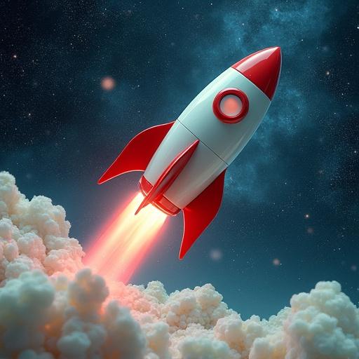 Rocket soaring through colorful clouds in outer space. Bright red rocket design with white body. Clouds illuminated by rocket flames. Starry galaxy background with swirling colors. Emphasis on imagination and adventure in space.