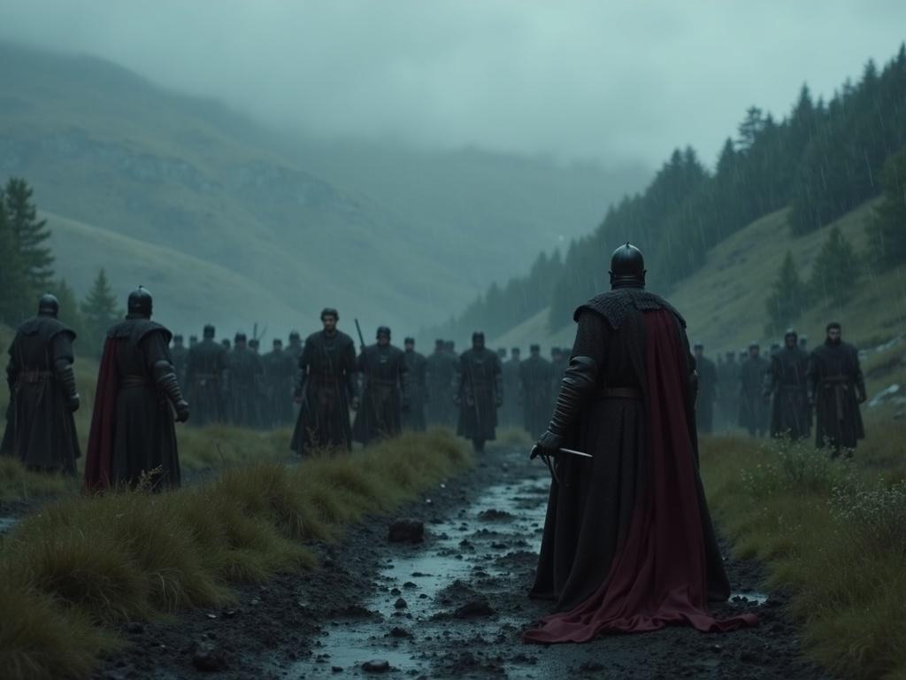 Depiction of a Scottish warrior facing defeat in a battle in the Highlands. Rain falls steadily creating a muddy setting. A group of warriors visible in the background. Dramatic and somber atmosphere.