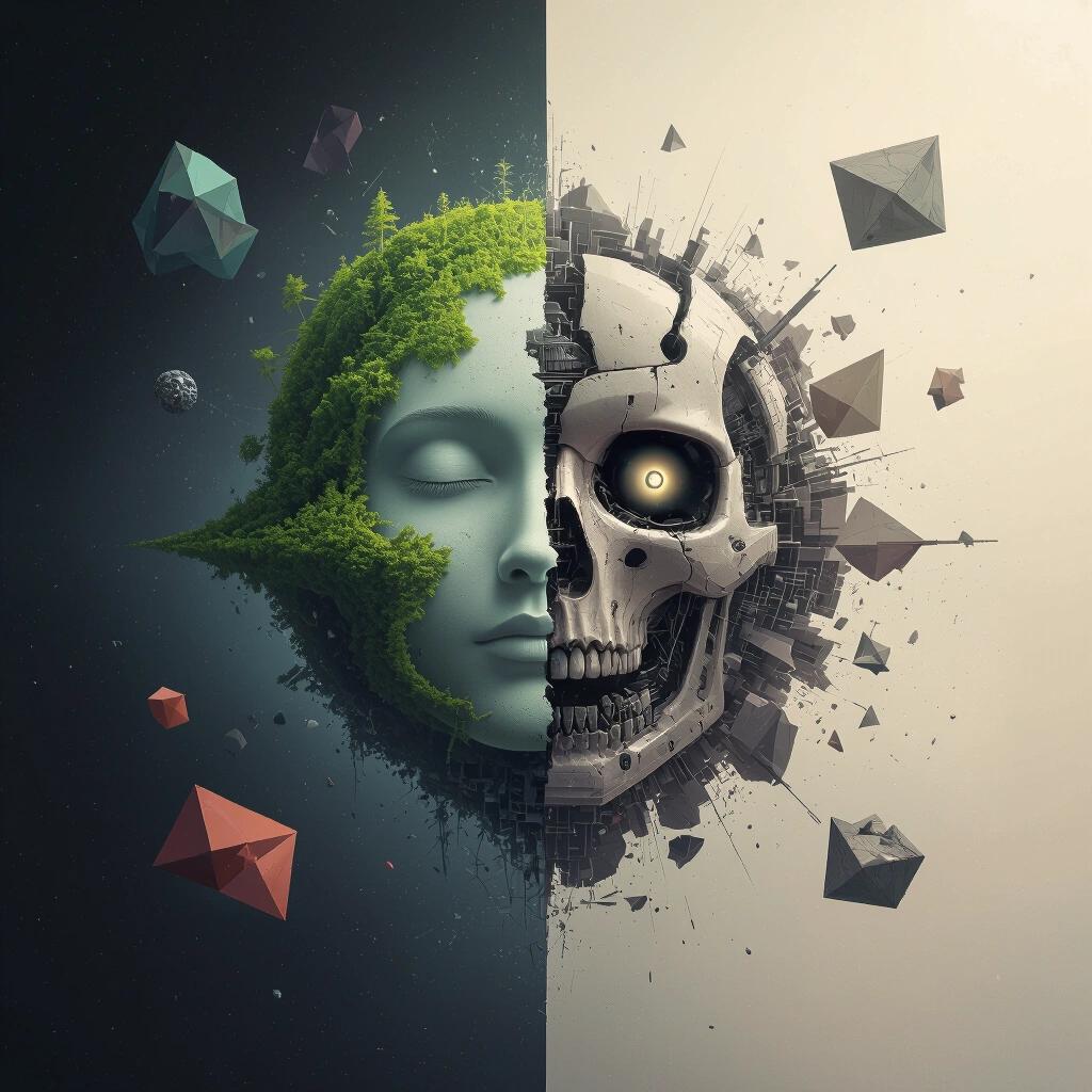 One side organic and serene the other mechanical and shattered floating in a dark void surrounded by surreal geometric shapes