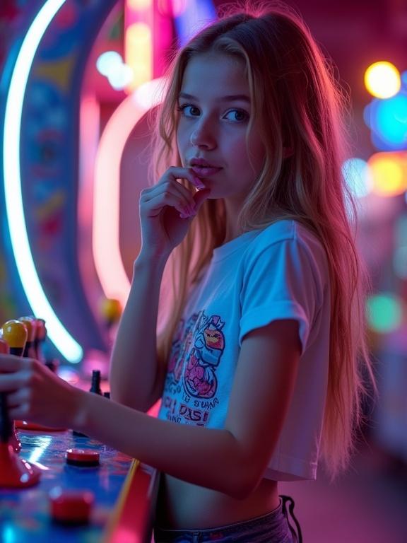 Inside a neon-lit arcade, a teen girl wears colorful booty shorts and a cropped graphic tee. She holds a game joystick, biting her lip while colorful lights reflect off her skin. The scene embodies electric, youthful energy.