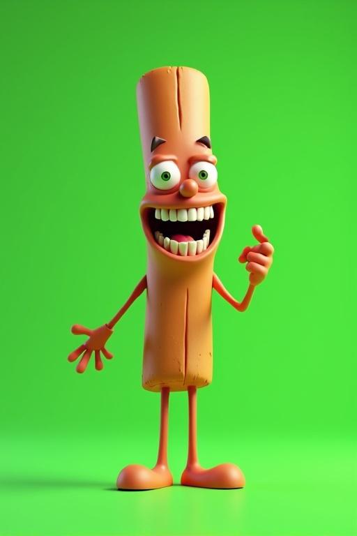 3D rendered cartoon character of an anthropomorphic cinnamon stick has large expressive eyes a prominent nose and a wide toothy grin with thin arms and legs standing with one arm gesturing forward on a green background.