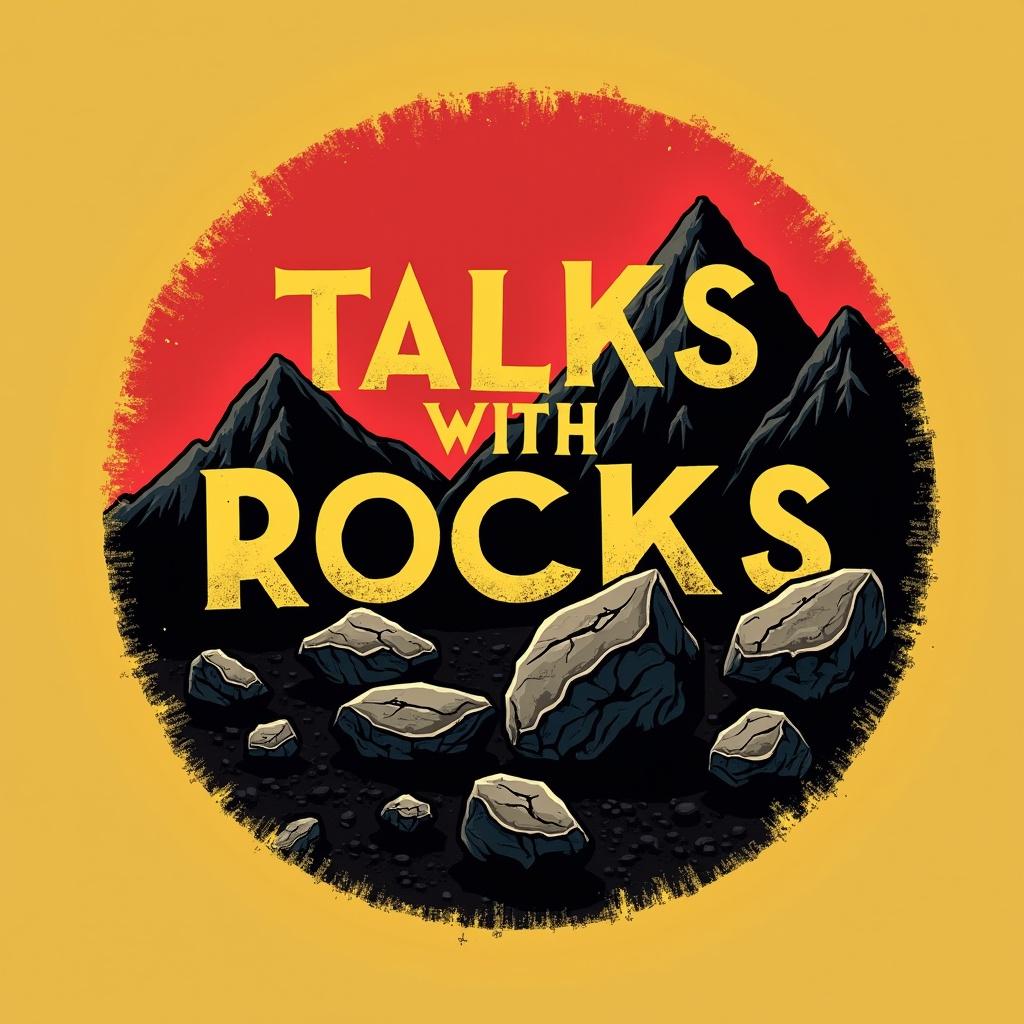 Circular logo design for a podcast titled TALKS WITH ROCKS. The logo features the title prominently using red and yellow colors. The background shows mountains and rocks in black color. Bold and eye-catching design appropriate for Instagram profile.